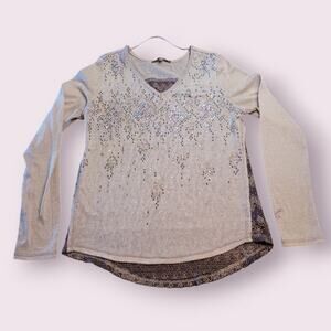 Y2K Miss Me Top Women’s Small – Beige Long Sleeve Lace Sequin Beaded Blouse